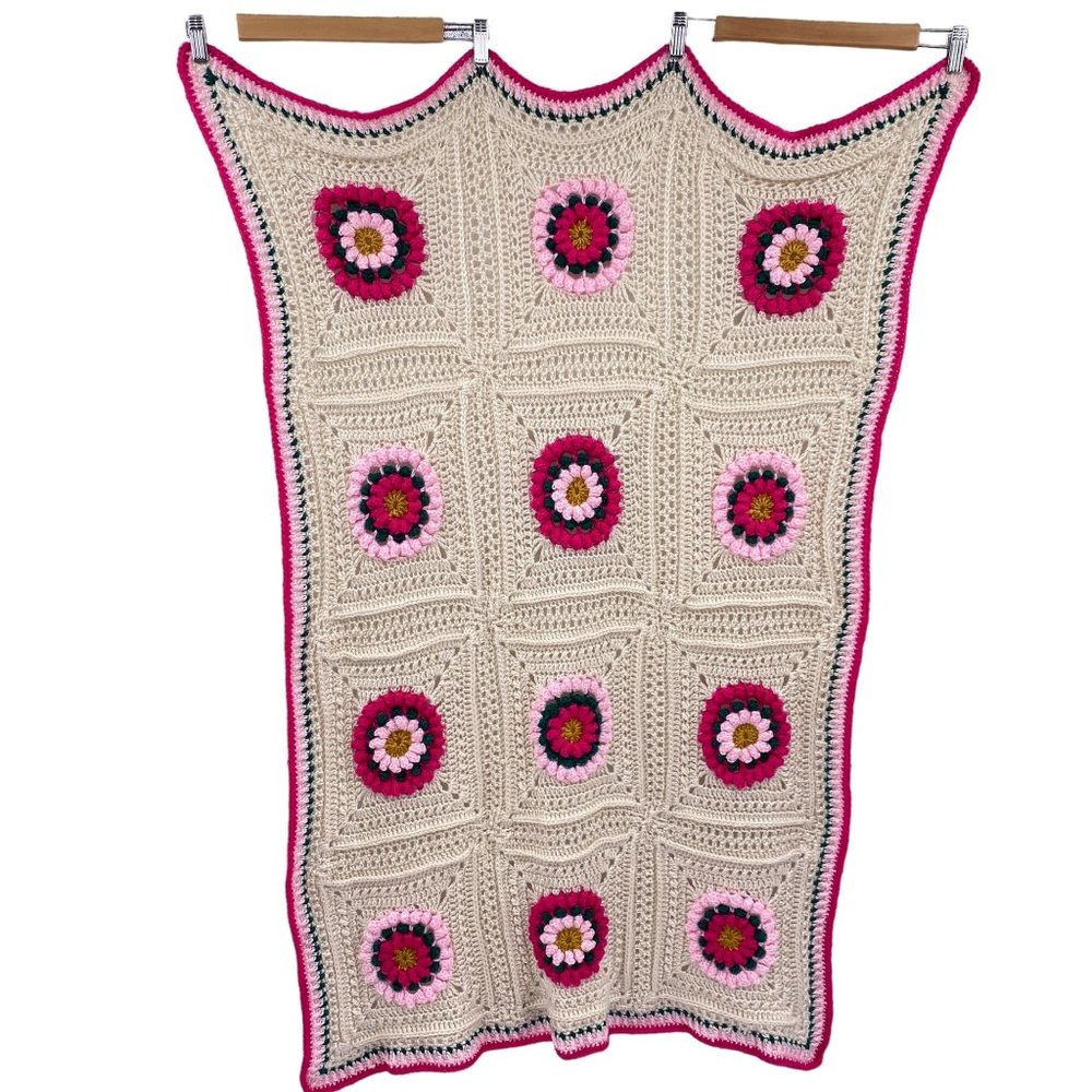 Crochet Square lap blanket Afghan floral‎ squares magenta pink soft hand crochet